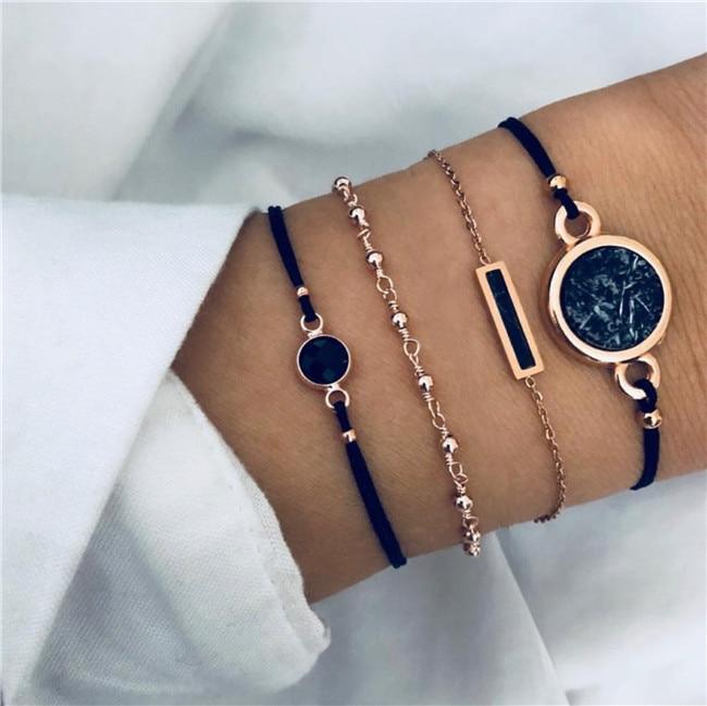 Bracelets de chaîne de perles noires bohèmes pour femmes, ensemble de bracelets de luxe en forme de cœur et de boussole de couleur or, cadeaux de bijoux à la mode