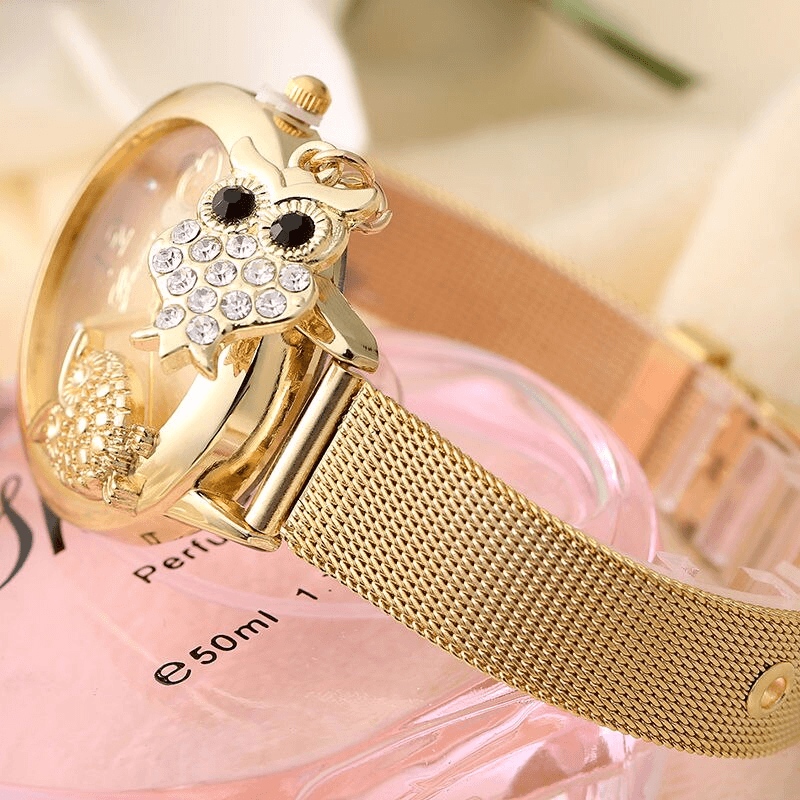 STEVVEX Gold Montre Bracelet Femme Quartz Or Rose Acier Inoxydable Maille Dames Montre-bracelet Horloge Hibou (Or) Pour Femmes et Filles