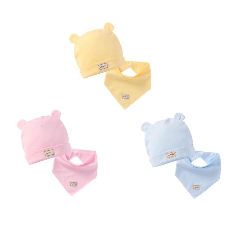 Foulard élastique double couche coton bonnets chapeaux avec bavoirs pour nouveau-né bébé couleur bonbon