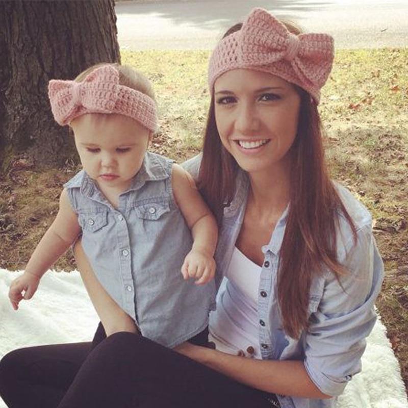 Bandeau élastique fait main pour mère et fille, bandeau tricoté uni avec nœud, accessoires de cheveux pour maman et bébé