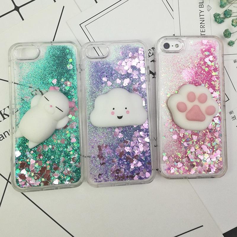Coque 3D Chat pour iPhone 5s SE 7 7 Plus Coque Liquide Sable Mouvant Paillettes Silicone pour iPhone 8 8 Plus X 6 6s Étui Housse de Téléphone en Caoutchouc Silicone