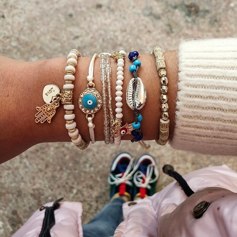 Bracelets superposés à pendentif réglable œil main cœur ethnique pour femme, ensemble de bracelets à perles, bracelets joncs, chaînes de cheville, bijoux de luxe pour femme