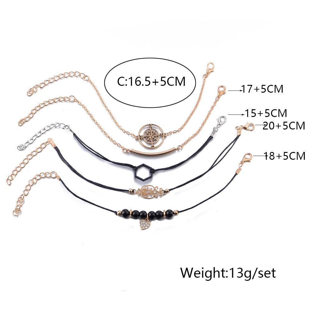 Bracelets de chaîne de perles noires bohèmes pour femmes, ensemble de bracelets de luxe en forme de cœur et de boussole de couleur or, cadeaux de bijoux à la mode