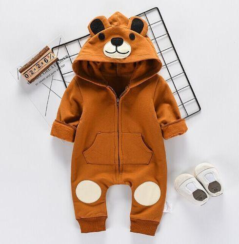 Mignon Ours Nouveau-né Bébé Garçon Fille Enfant Grenouillère à Capuche Oreilles Fermeture Éclair Cartoon Patchwork Combinaison pour Bébés Filles et Garçons