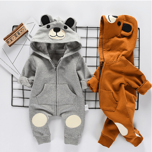 Mignon Ours Nouveau-né Bébé Garçon Fille Enfant Grenouillère à Capuche Oreilles Fermeture Éclair Cartoon Patchwork Combinaison pour Bébés Filles et Garçons