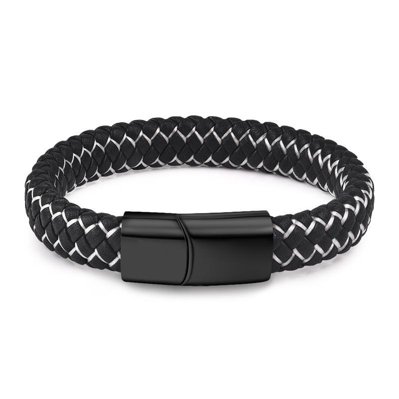 Bracelet en cuir tressé de luxe artisanal pour homme en cuir noir et bleu avec design en acier inoxydable