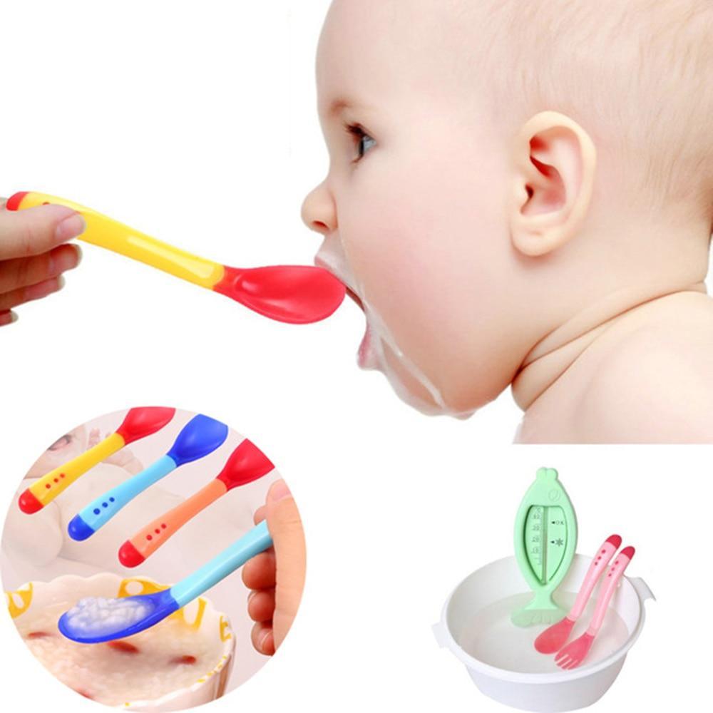 1 cuillère-doseuse pour bébé, couverts plats, nouvelle sécurité, vaisselle d'apprentissage pour bébé, cuillère d'alimentation pour bébé à détection de température, silicone souple pour garçons et et filles