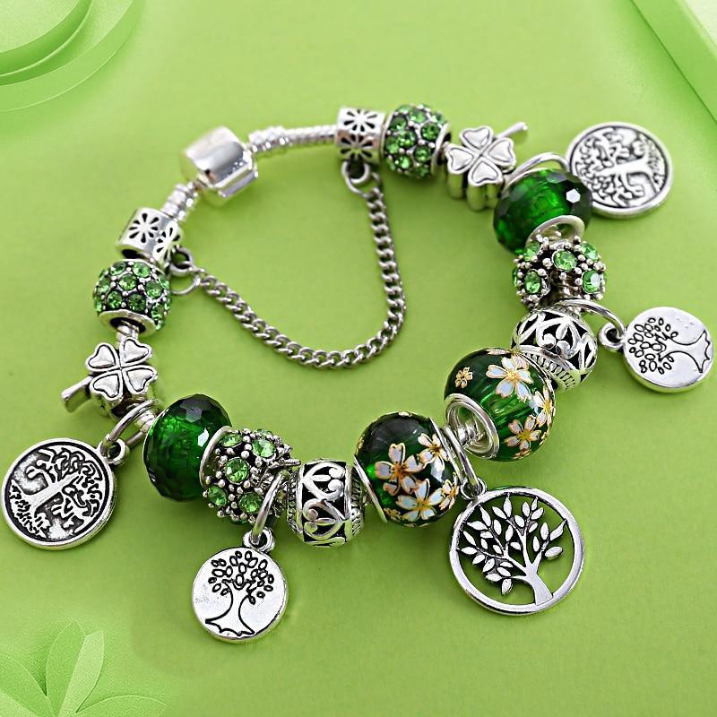 Élégant, Moderne, Superbe, Tendance, Nouveau Bracelet de luxe Arbre de Vie en Argent, Bracelet à Breloques en Cristal Feuille Verte
