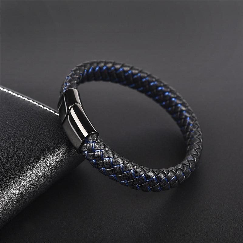 Bracelet en cuir tressé de luxe artisanal pour homme en cuir noir et bleu avec design en acier inoxydable