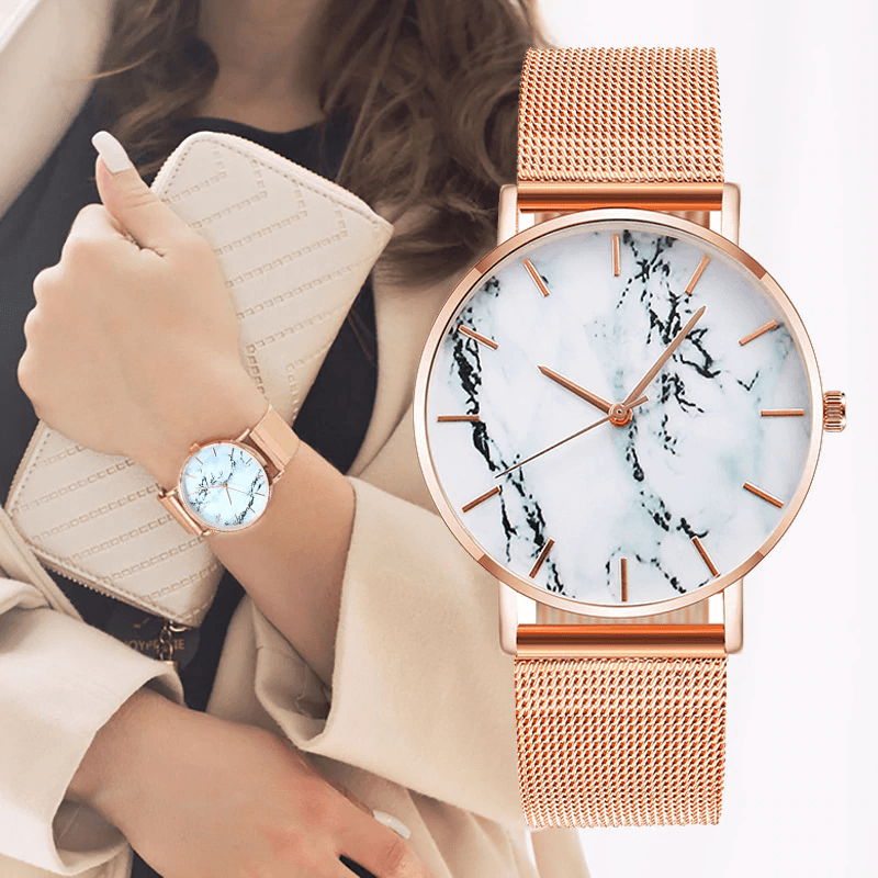 Mode Or Rose Maille Bande Créative Marbre Montre-Bracelet Féminine Montres À Quartz De Luxe Pour Femmes Cadeaux Pour Femmes Et Filles
