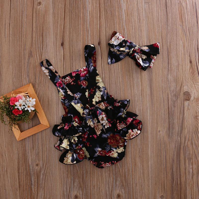 2 pièces Bébés Filles Vêtements Fleur Barboteuse Sans Manches Combinaison Tenues Bandeau Vêtements Avec Nœud Au Design Floral Élégant
