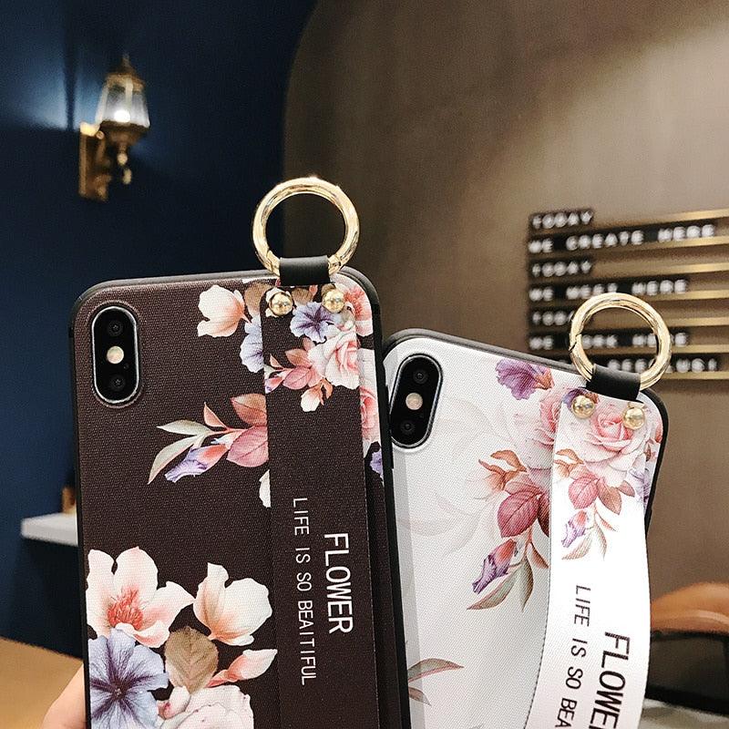 Coques de téléphone avec bracelet de fleurs roses pour iPhone 13 12 11 14 Pro MAX X XR XS MAX 7 8 Plus, étui avec bracelet, protection souple complète, étui de téléphone de protection fin et coloré pour iPhone