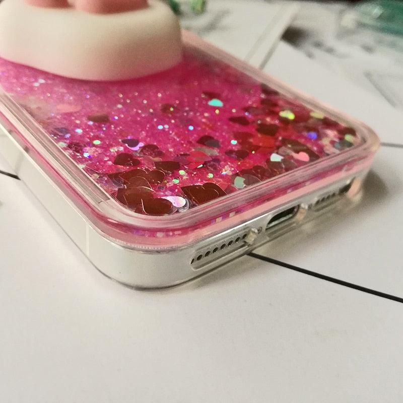Coque 3D Chat pour iPhone 5s SE 7 7 Plus Coque Liquide Sable Mouvant Paillettes Silicone pour iPhone 8 8 Plus X 6 6s Étui Housse de Téléphone en Caoutchouc Silicone