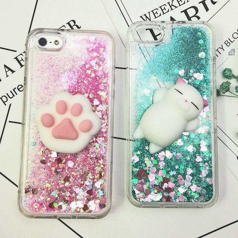 Coque 3D Chat pour iPhone 5s SE 7 7 Plus Coque Liquide Sable Mouvant Paillettes Silicone pour iPhone 8 8 Plus X 6 6s Étui Housse de Téléphone en Caoutchouc Silicone