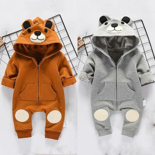 Mignon Ours Nouveau-né Bébé Garçon Fille Enfant Grenouillère à Capuche Oreilles Fermeture Éclair Cartoon Patchwork Combinaison pour Bébés Filles et Garçons