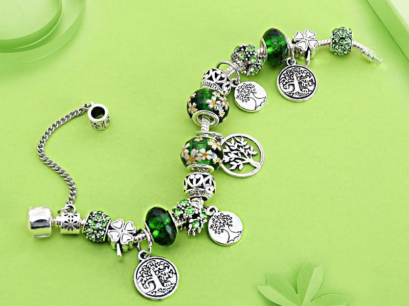 Élégant, Moderne, Superbe, Tendance, Nouveau Bracelet de luxe Arbre de Vie en Argent, Bracelet à Breloques en Cristal Feuille Verte