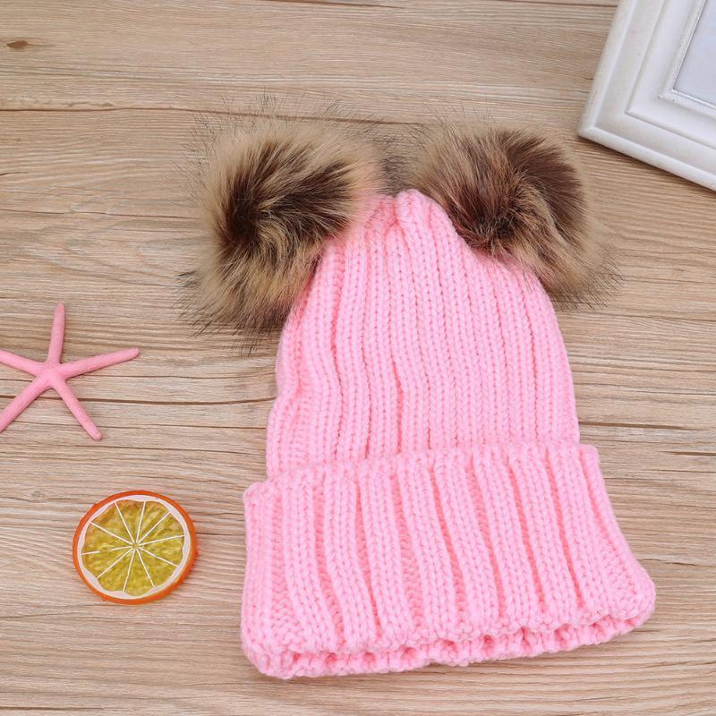 Casquettes Parent-enfant Tendance Mignon Bébé Pompon Casquette Hiver Double Balle de Fourrure Chapeau Bébé Maman Chapeau Tricoté Chaud