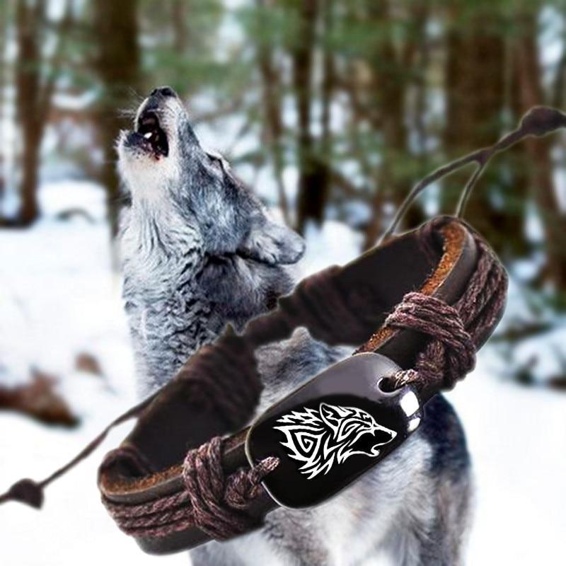 Bracelet élégant en corde tressée et cuir avec loup rugissant de luxe, en os de yak sculpté, mode, unisexe, pour homme et femme