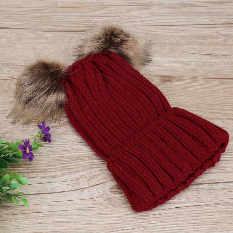 Casquettes Parent-enfant Tendance Mignon Bébé Pompon Casquette Hiver Double Balle de Fourrure Chapeau Bébé Maman Chapeau Tricoté Chaud