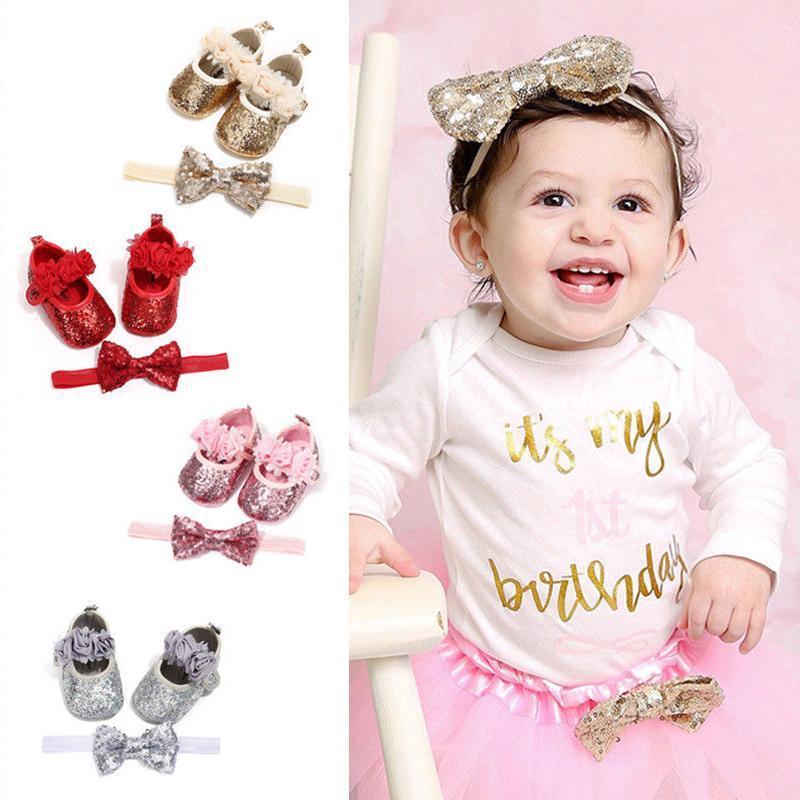 Chaussures Bébé Filles Antidérapantes avec Nœud Pailleté Mignon, Premiers Pas de Princesse, Bandeau et Chaussures de Fête pour Nouveau-Né
