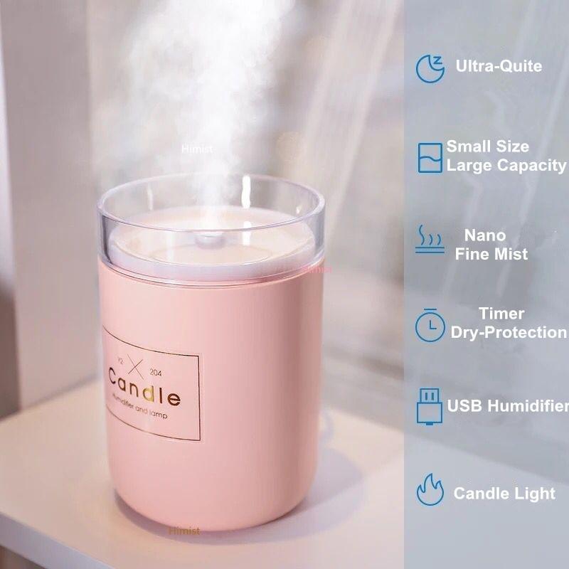 Humidificateur d'air ultrasonique 280 ml Bougie Lumière douce romantique Diffuseur d'huiles essentielles USB Diffuseur de brume d'arôme pour voiture
