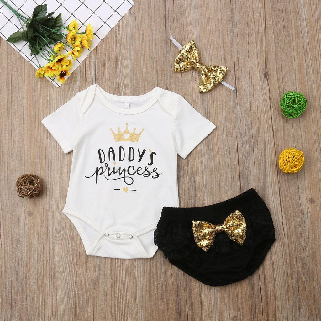 3 PIÈCES Ensemble De Vêtements Mignons Pour Bébés Filles Haut Body Short Pantalon Pour Filles Imprimé Princesse De Papa