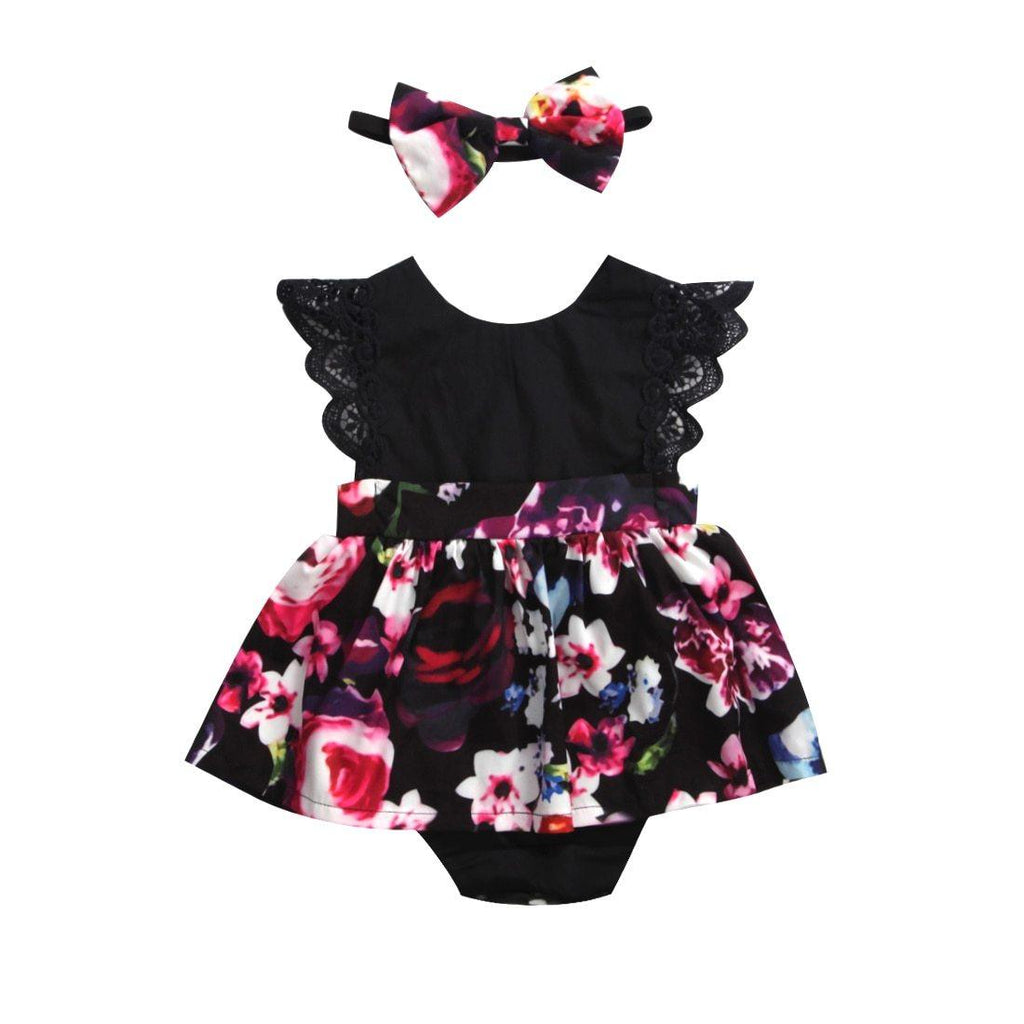 Barboteuse de luxe tendance pour bébé fille, robe tutu, bandeau, tenues florales, robe de soirée en fleurs, design intéressant avec nœud