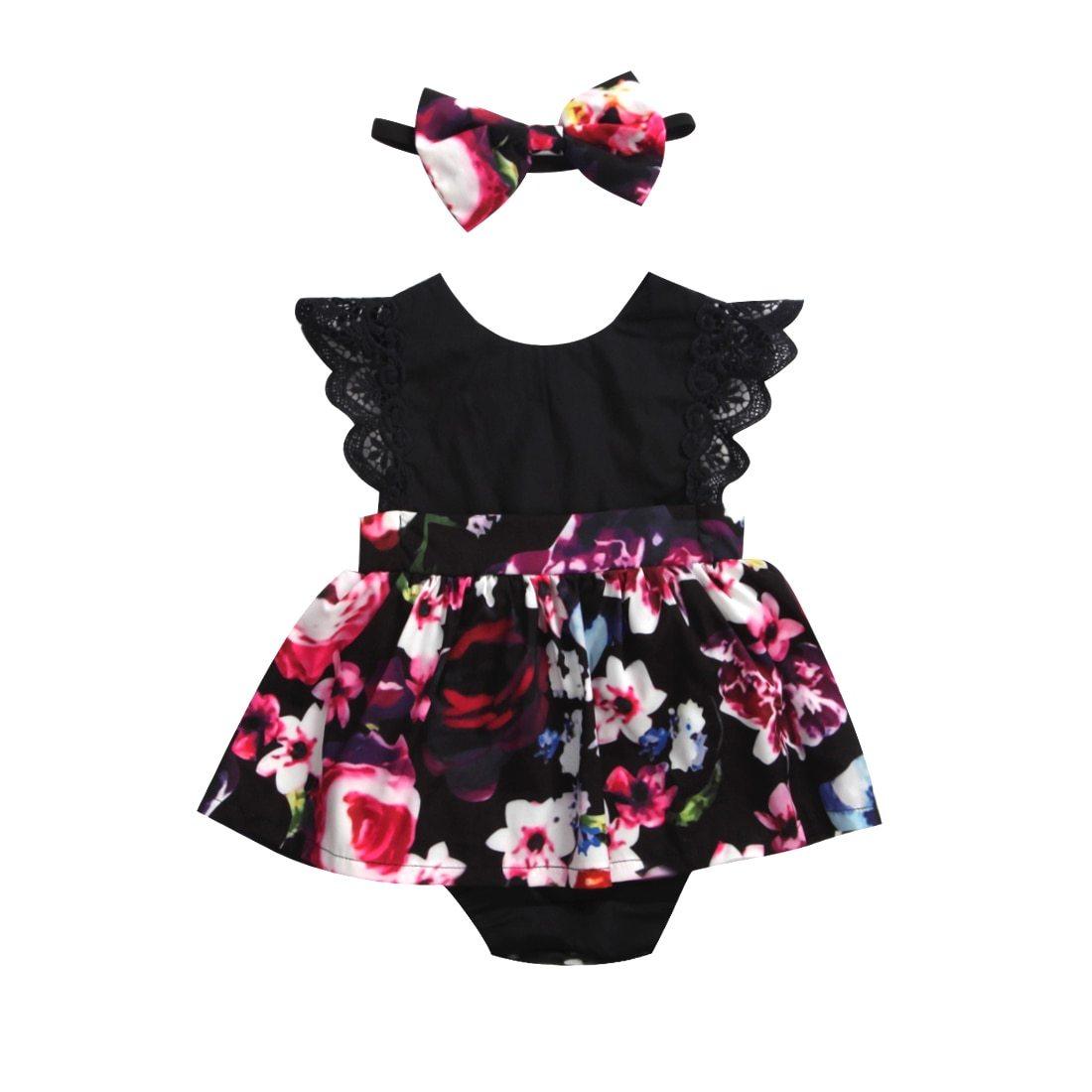 Barboteuse de luxe tendance pour bébé fille, robe tutu, bandeau, tenues florales, robe de soirée en fleurs, design intéressant avec nœud