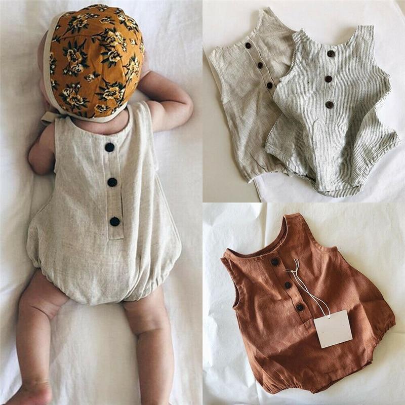 Ensemble barboteuse sans manches en coton et lin pour nouveau-né fille et garçon avec boutons