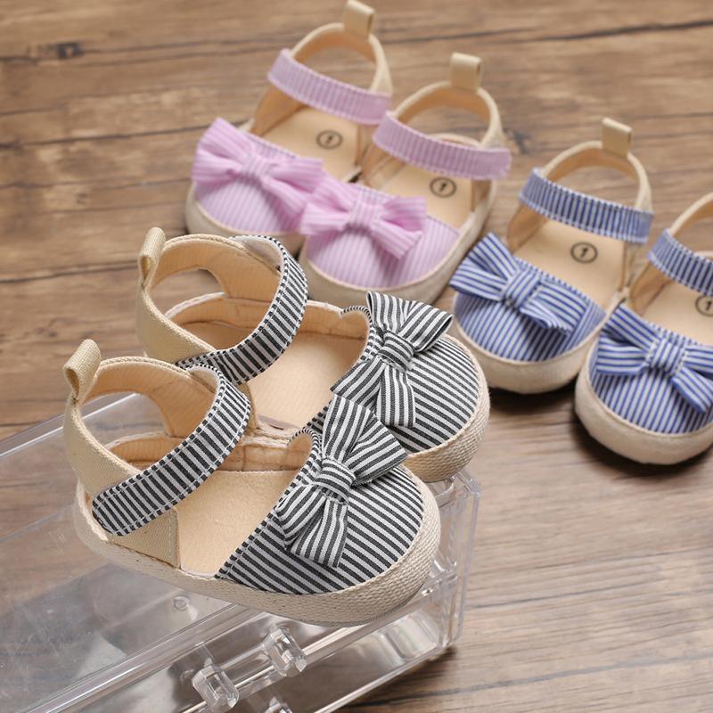 Bébé fille nouveau-né Rayé Noeud Sandales Chaussures souples Bébés Anti-dérapant Baskets Nouvelle Mode Sabots 0-18M
