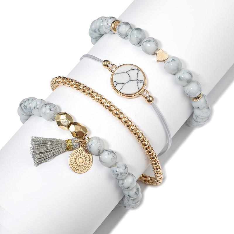 Ensemble de bracelets superposés avec pampilles et perles de cœur bohème en pierre faits à la main pour femmes, ensemble de chaînes en corde tressée réglables, bracelet de cheville pour femmes