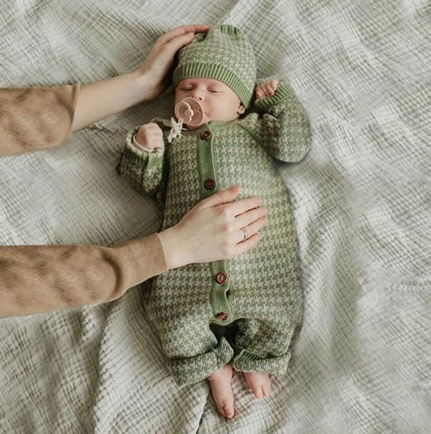 Grenouillère en coton tricotée pour nouveau-né avec bonnet à carreaux, combinaison pour bébés filles et garçons