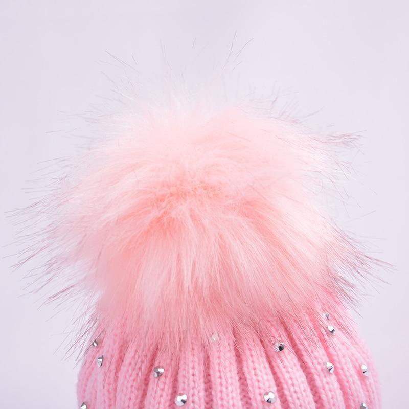 Chapeau Bébé Luxueux Enfant Nouveau-né à Pompon Casquette Tricotée Chaude Avec Strass pour Fille/Garçon Bonnet Doux pour Tout-petit