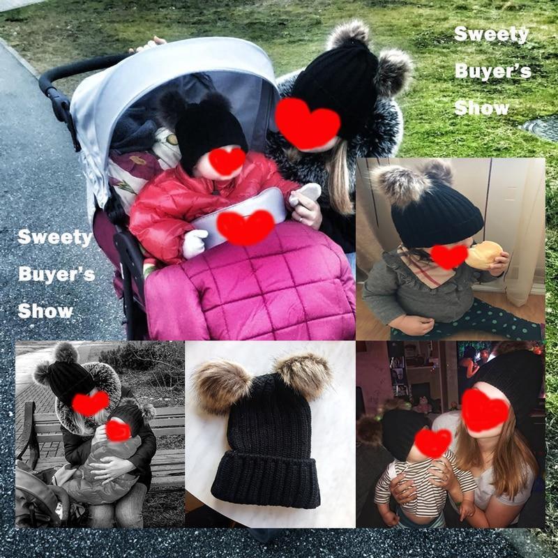 Casquettes Parent-enfant Tendance Mignon Bébé Pompon Casquette Hiver Double Balle de Fourrure Chapeau Bébé Maman Chapeau Tricoté Chaud