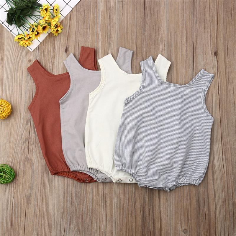 Ensemble barboteuse sans manches en coton et lin pour nouveau-né fille et garçon avec boutons