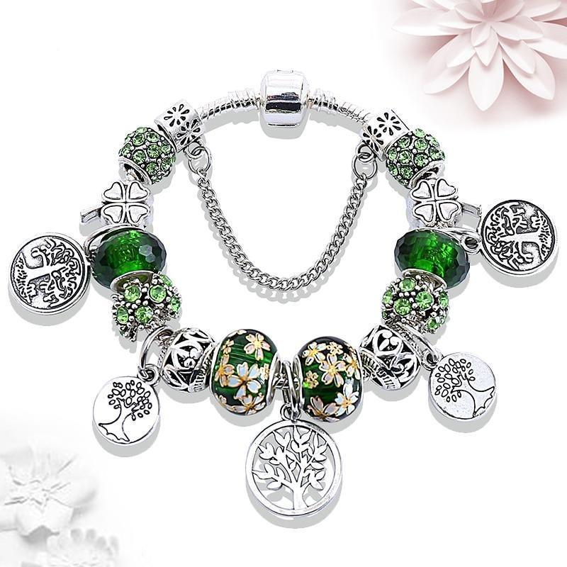 Élégant, Moderne, Superbe, Tendance, Nouveau Bracelet de luxe Arbre de Vie en Argent, Bracelet à Breloques en Cristal Feuille Verte
