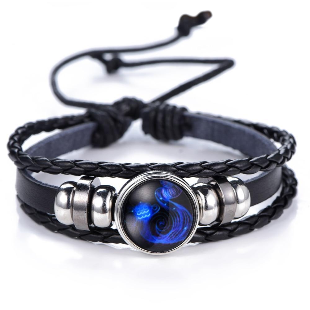 Nouveau Bracelet en Cuir Noir Élégant et Punk, Signe du Zodiaque 12 Constellations Gémeaux Lion Vierge Balance Scorpion, Pour Hommes et Femmes