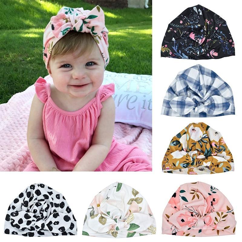 Joli bonnet turban en coton doux à imprimé nœud avec oreilles de lapin, style indien, pour bébés filles