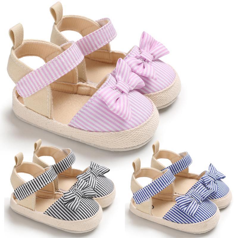Bébé fille nouveau-né Rayé Noeud Sandales Chaussures souples Bébés Anti-dérapant Baskets Nouvelle Mode Sabots 0-18M