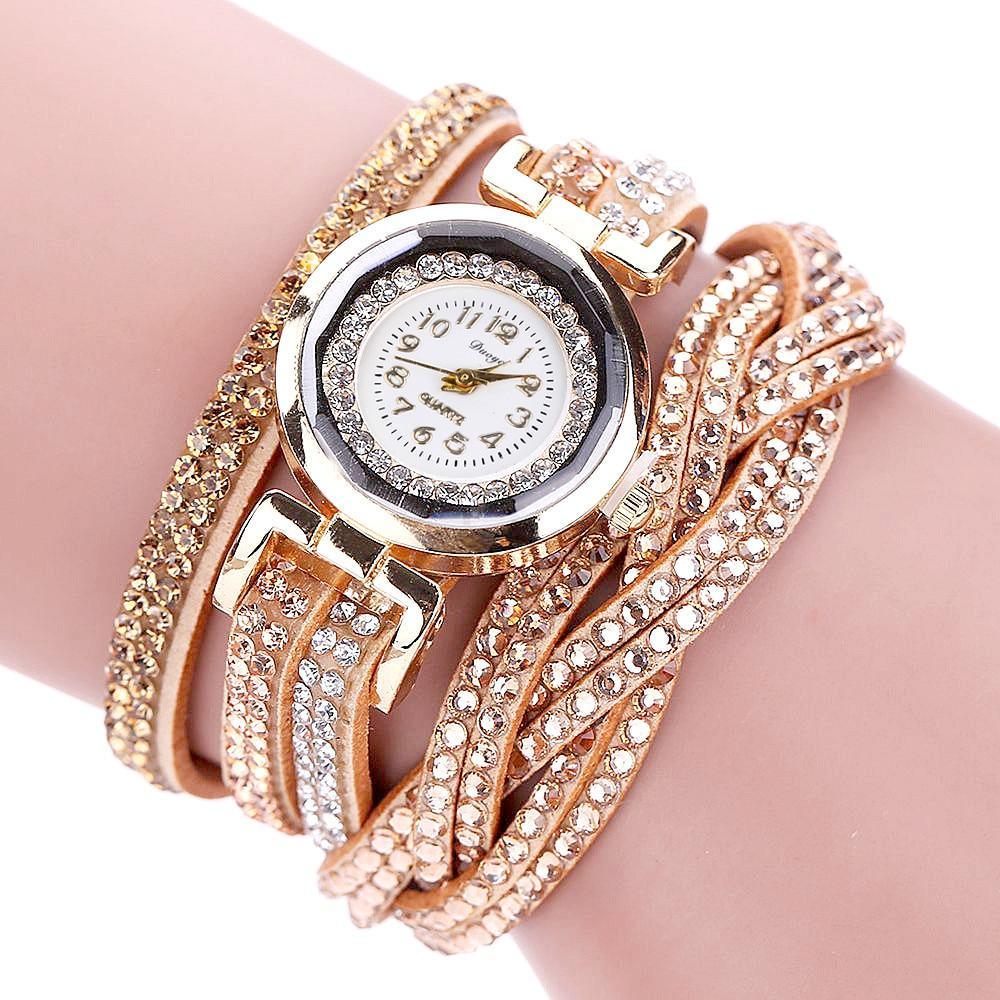 Montre décontractée tendance à quartz doré pour femme avec strass, bracelet en cuir tressé, cadeau, montre-bracelet pour femme