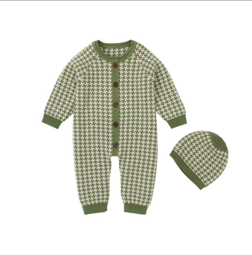 Grenouillère en coton tricotée pour nouveau-né avec bonnet à carreaux, combinaison pour bébés filles et garçons
