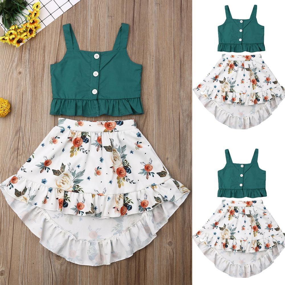 Robe élégante 2 pièces pour bébé fille avec hauts à volants et robe fleurie au design moderne et intéressant pour bébés filles