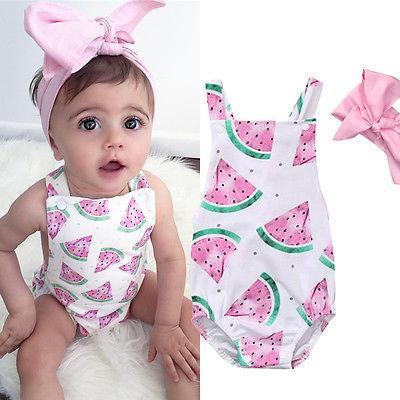 Grenouillère barboteuse pour bébé fille avec bandeau, imprimé pastèque, tenue de soleil, ensemble neuf 0-24 mois au design moderne