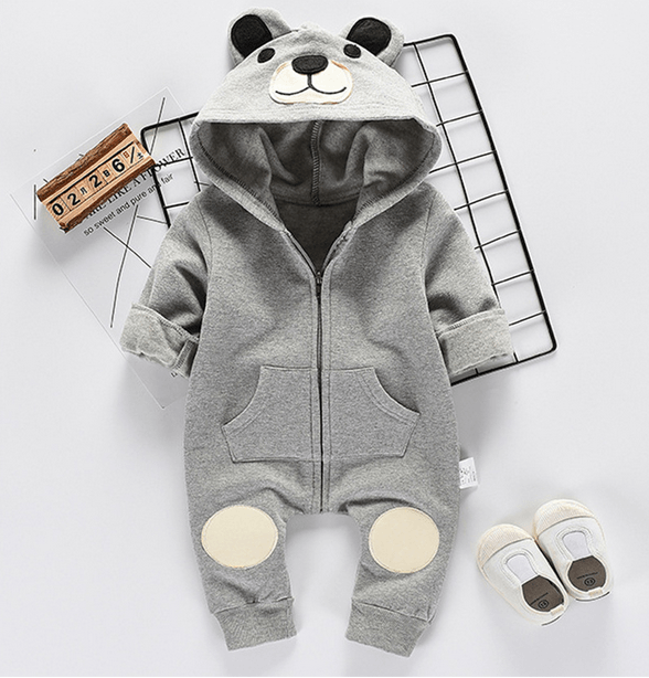 Mignon Ours Nouveau-né Bébé Garçon Fille Enfant Grenouillère à Capuche Oreilles Fermeture Éclair Cartoon Patchwork Combinaison pour Bébés Filles et Garçons