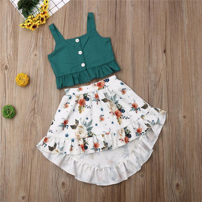 Robe élégante 2 pièces pour bébé fille avec hauts à volants et robe fleurie au design moderne et intéressant pour bébés filles