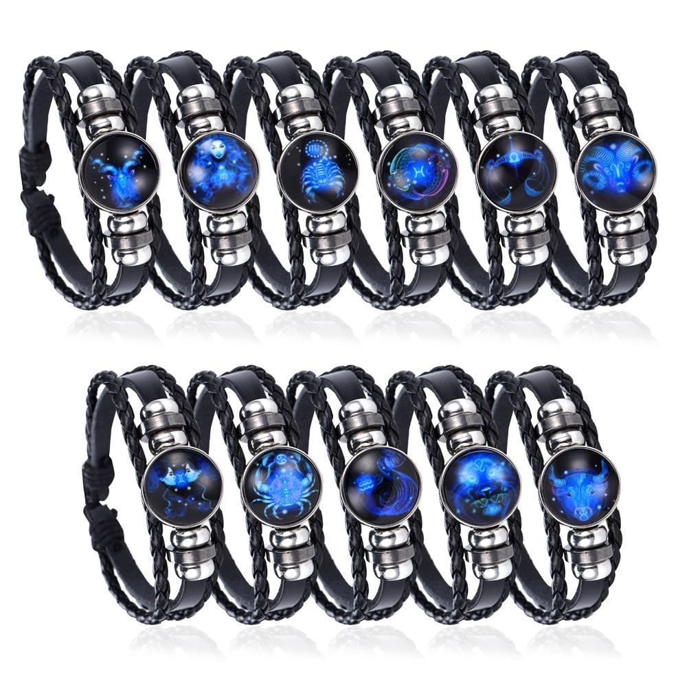 Nouveau Bracelet en Cuir Noir Élégant et Punk, Signe du Zodiaque 12 Constellations Gémeaux Lion Vierge Balance Scorpion, Pour Hommes et Femmes