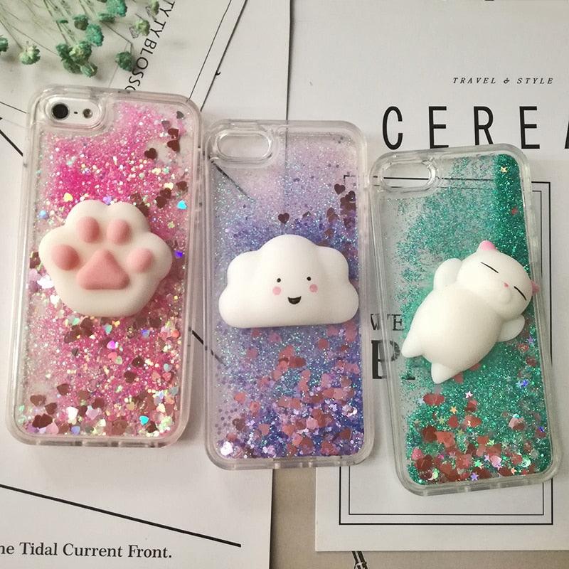 Coque 3D Chat pour iPhone 5s SE 7 7 Plus Coque Liquide Sable Mouvant Paillettes Silicone pour iPhone 8 8 Plus X 6 6s Étui Housse de Téléphone en Caoutchouc Silicone