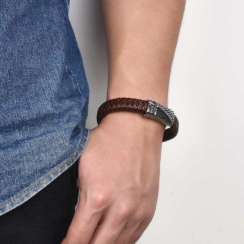 Bracelet en cuir tressé de luxe artisanal pour homme en cuir noir et bleu avec design en acier inoxydable