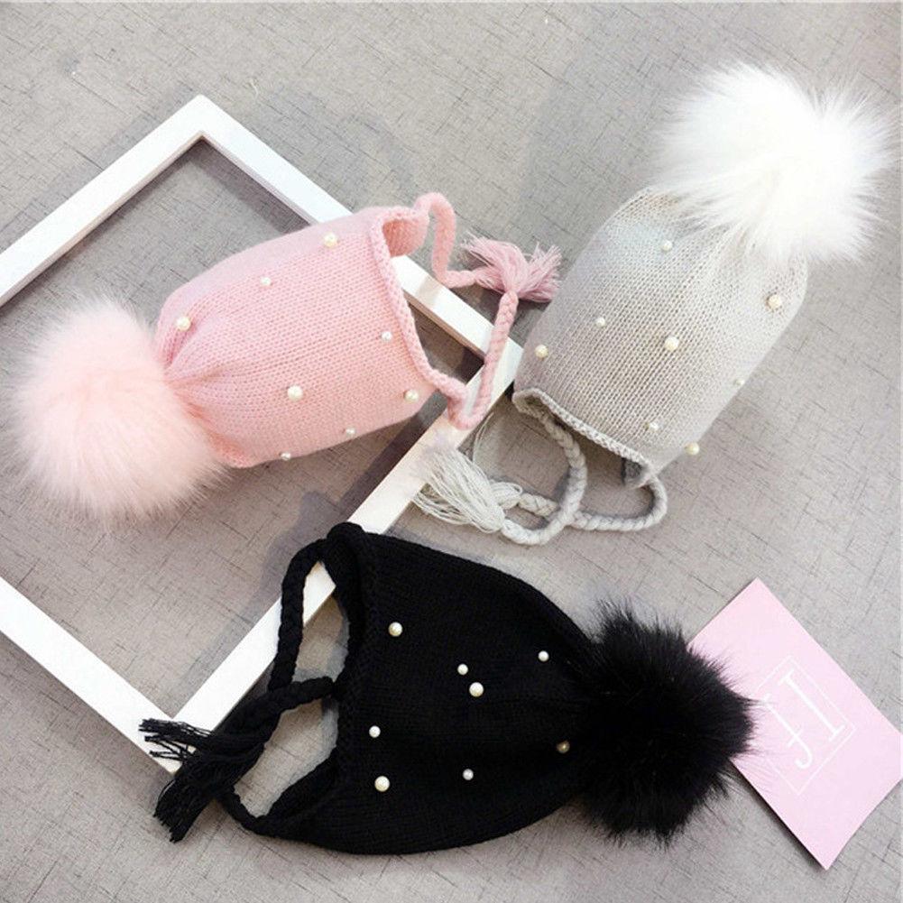 Magnifiques Bonnets Bébé Hiver Doux et Chaud en Tricot avec Pompon, pour Nouveau-nés, Enfants, Garçons et Filles, Motif Perles Mignonnes