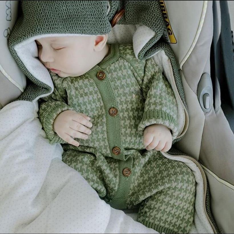 Grenouillère en coton tricotée pour nouveau-né avec bonnet à carreaux, combinaison pour bébés filles et garçons